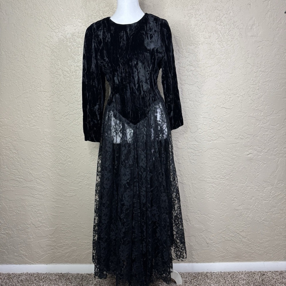 VTG 80s Black Velvet Lace Dress Size XS Sheer Witchy Goth Whimsigoth Formal Prom